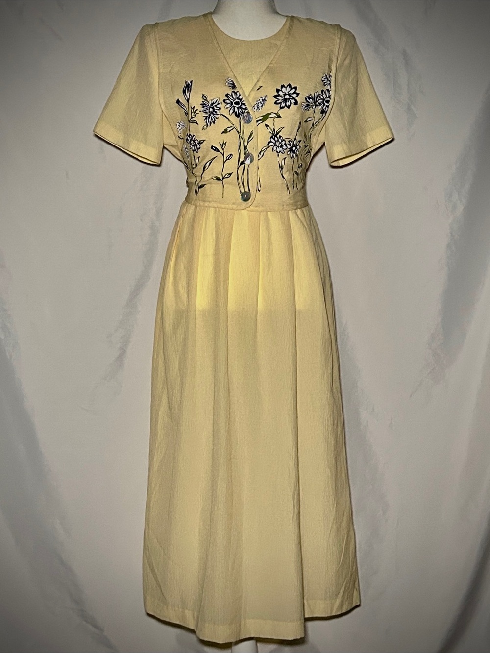 Yellow Midi Dress with Floral Embroidered Bodice